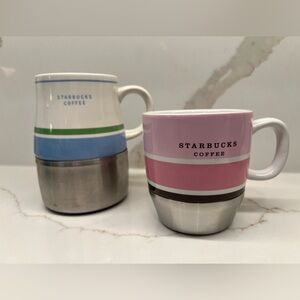 Starbucks 2005 & 2007 Stainless-Bottom Ceramic Mug Set Retro Camping Style